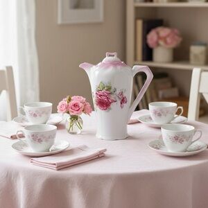Vintage Floral Porcelain Teapot Pink Rose Design‎ Elegant Tea Chocolate Pot Lid